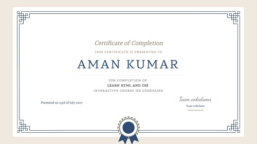 Aman Kumar HTML and CSS Certificate (Aman Indian)
